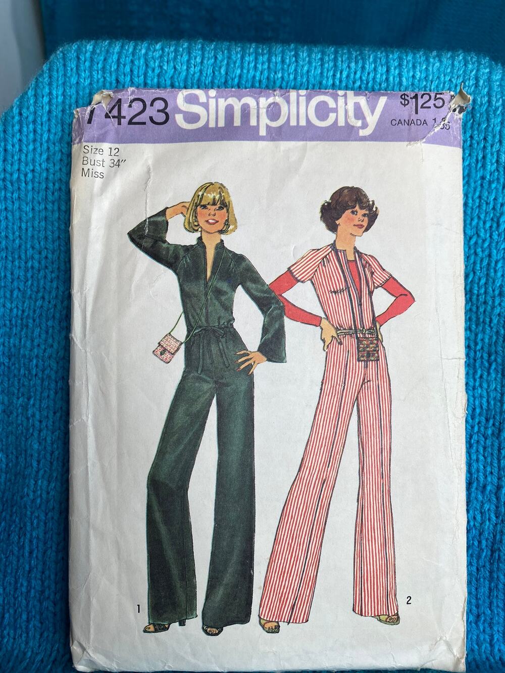Simplicity 7423 Sewing pattern jumpsuit wide leg ribbon bag 1970s size 12